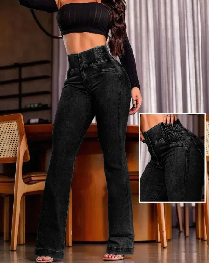 ALLUKASA 2025 autumn winter  Elegant High Waist Button Front Casual Female Jeans Sexy  Fashion Back Shirred Trouser Bottom - Matrix-studios.com
