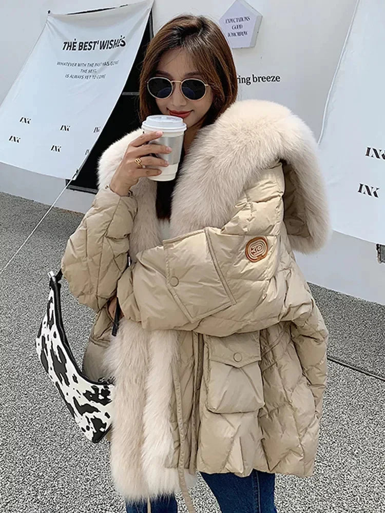 2024 Luxury Fox Fur Collar Long Coats 2024 Women Winter Soft Warm Loose Jacket Puffer Parka Female Windproof Snow Outwear Coats - Matrix Studios
