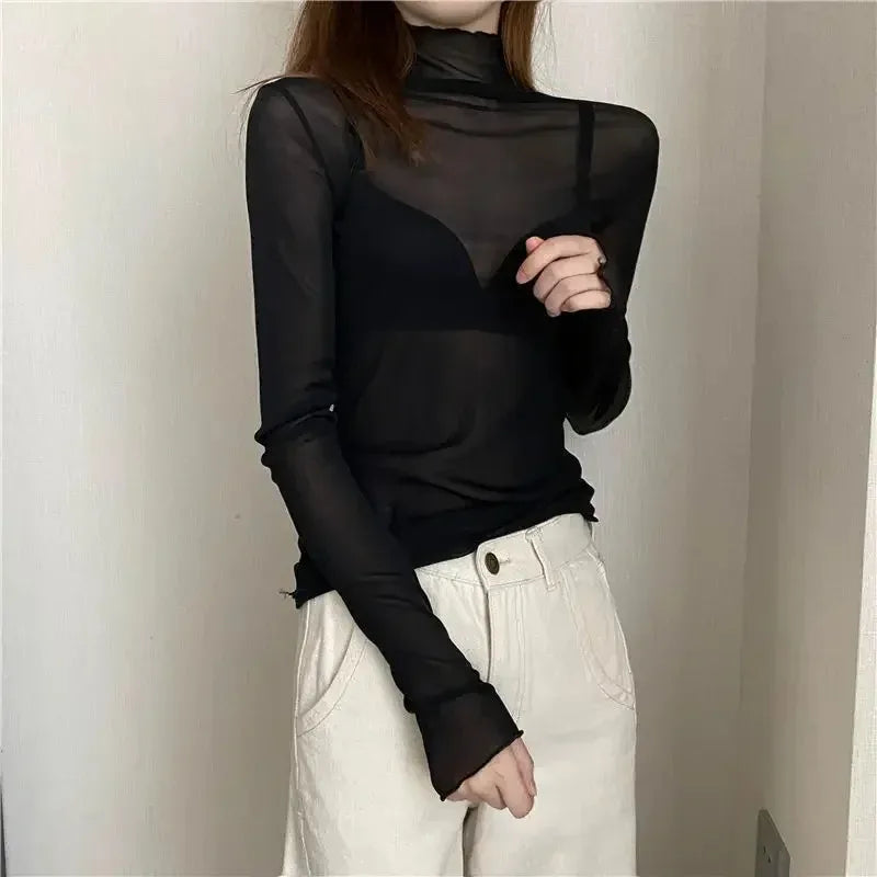New Women Floral Lace Shirt Spring Autumn Long Sleeve Sexy Mesh Bottoming Shirts Mock Neck Blouse T-Shirt Pullover Top - Matrix-studios.com