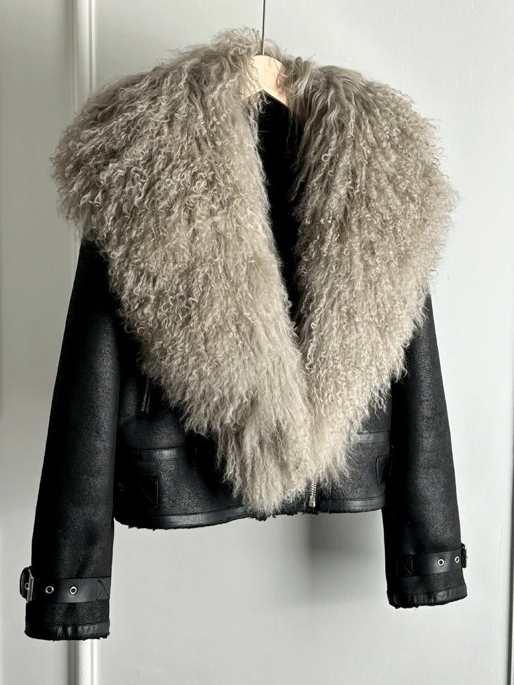 Janveny Luxury Natural Mongolian Sheep Fur Coat Women Winter Short Faux Leather Jacket Female Moto Biker Thick Outwear - Matrix Studios