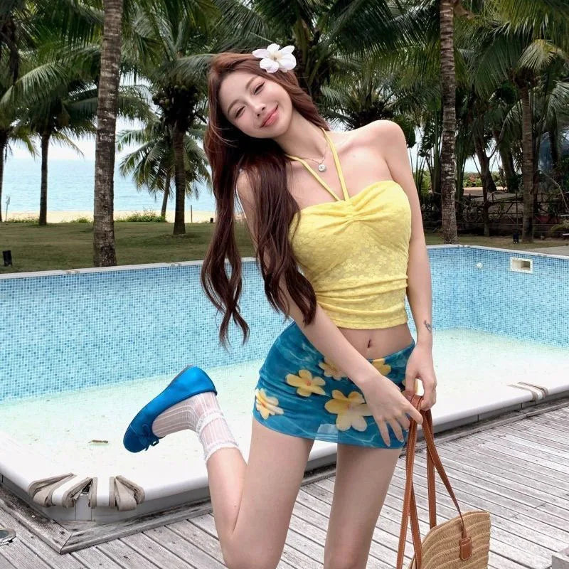 French Drawstring Blue Floral Tube Top Women Separate Swimwear Set Coastal Summer Vacation Beach Holiday Swimsuit for Girl - Matrix-studios.com