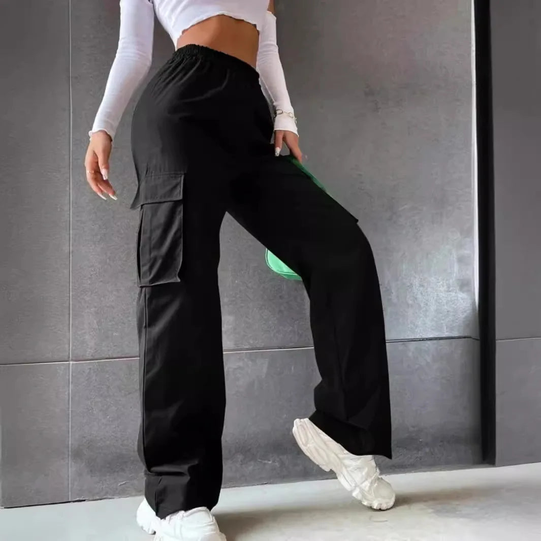Fashion Women Baggy Joggers Pants Casual Communte Female Chic Straight Cargo Pant Elastic High Waist Elegant Oversized Trousers - Matrix-studios.com