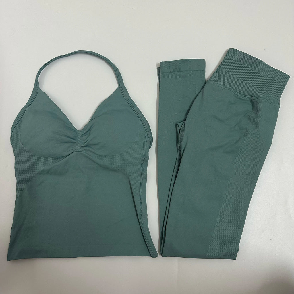 2 Pieces Set Yoga Leggings Set Women Backless Tank Tops High Waist Scrunch Gym Suit Fitness Clothes Outfit Yoga Set - Matrix-studios.com