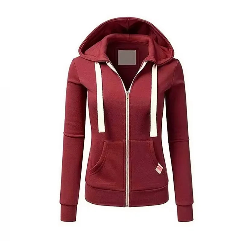 2025 Autumn/Winter New Women Solid Color Fashion Hoodie Long Sleeve Zipper Pocket with Label Outdoor Sports Jogging Clothing - Matrix Studios