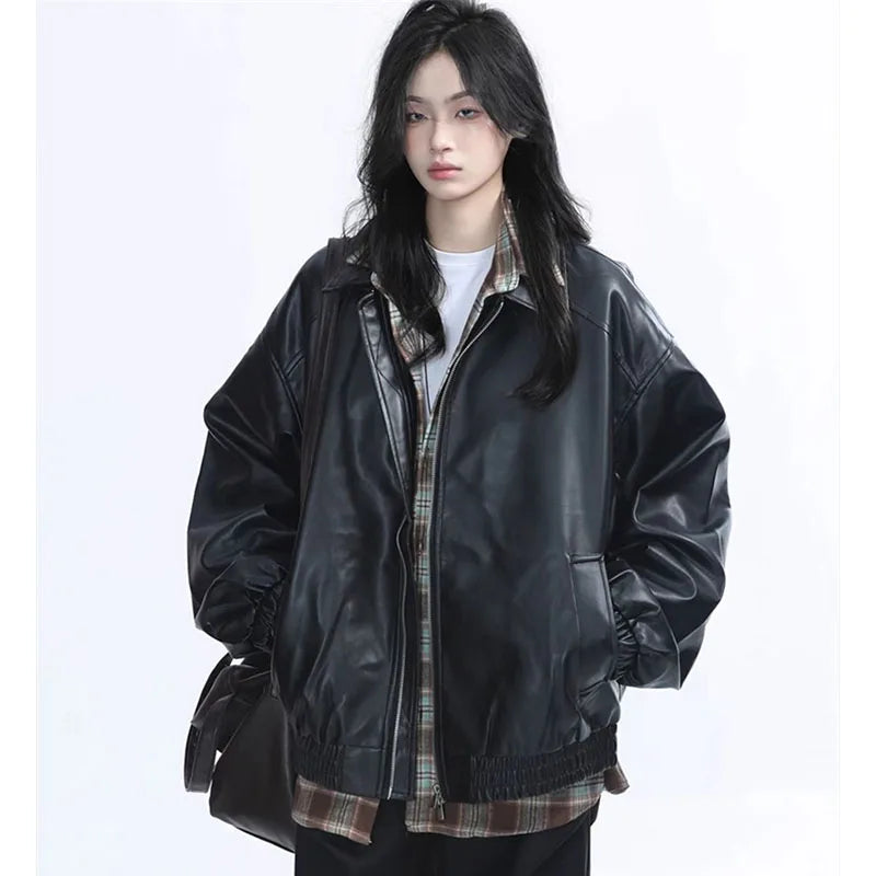 Retro Ladies Fashion Zipper Faux Leather Jacket Spring Autumn Women Long Sleeves Leather Coat 2025 Female PU Leather Outwear - Matrix Studios