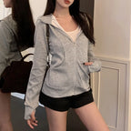 Gray Zipper Hooded Sweatshirt Women 2026 New Korean Slim Fit Cardigan Long Sleeve Coat Woman Solid Pockets Sports Hoodies Jacket - Matrix Studios