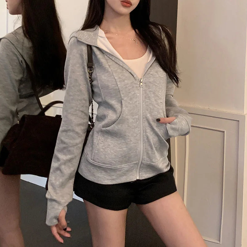 Gray Zipper Hooded Sweatshirt Women 2026 New Korean Slim Fit Cardigan Long Sleeve Coat Woman Solid Pockets Sports Hoodies Jacket - Matrix Studios