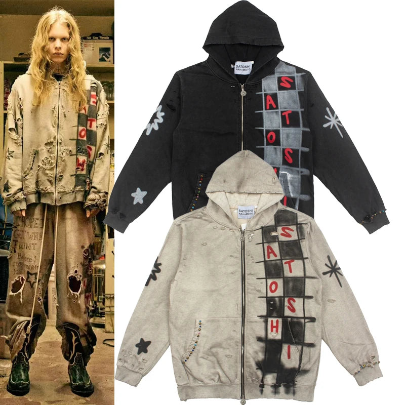 2026 New SATOSHI NAKAMOTO Men Women Zip Hoodie Distressed Ripped Checkered Graffiti Star Rhinestone Street Jacket - Matrix-studios.com