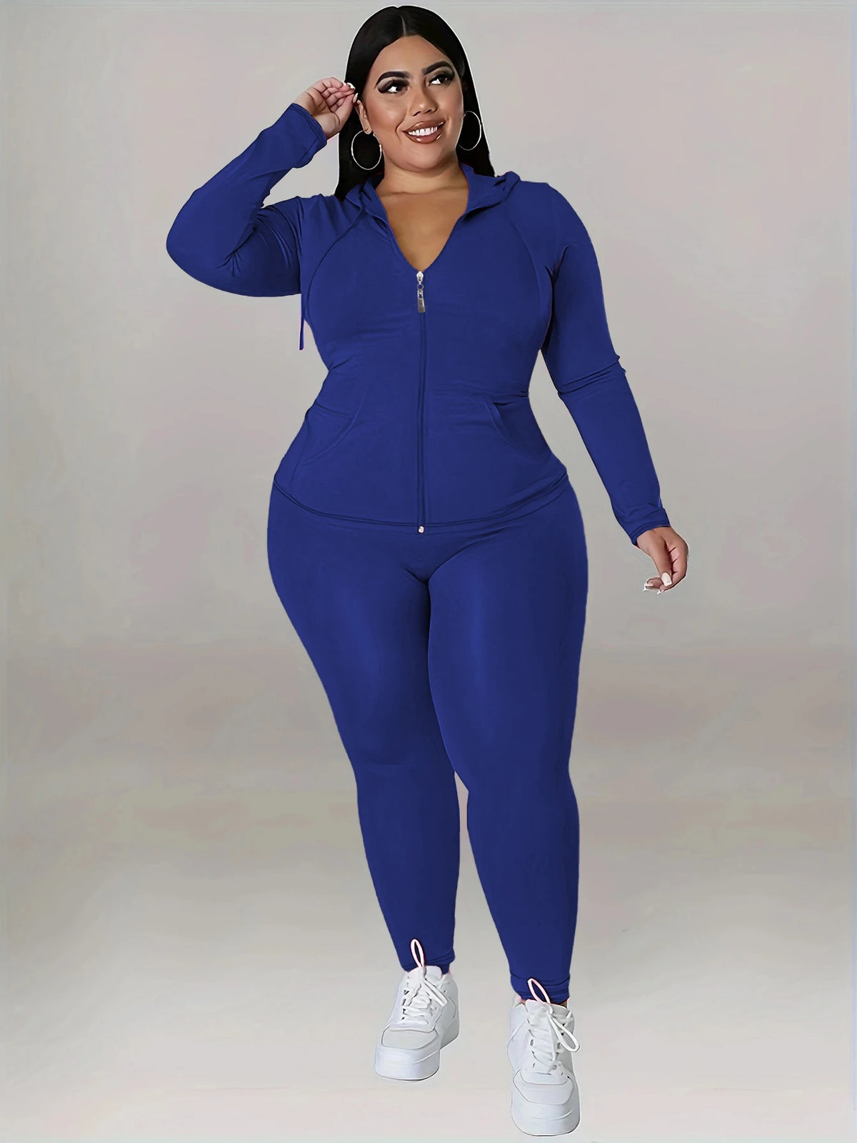 Soft Stretch Solid Color Curvy Athleisure Outfit, Zip Hoodie Tracksuit With Joggers, Comfortable Casual Oversized Matching Set, Versatile All Seasons Wear For Yoga Daily Party Streetwear Activities - Matrix-studios.com