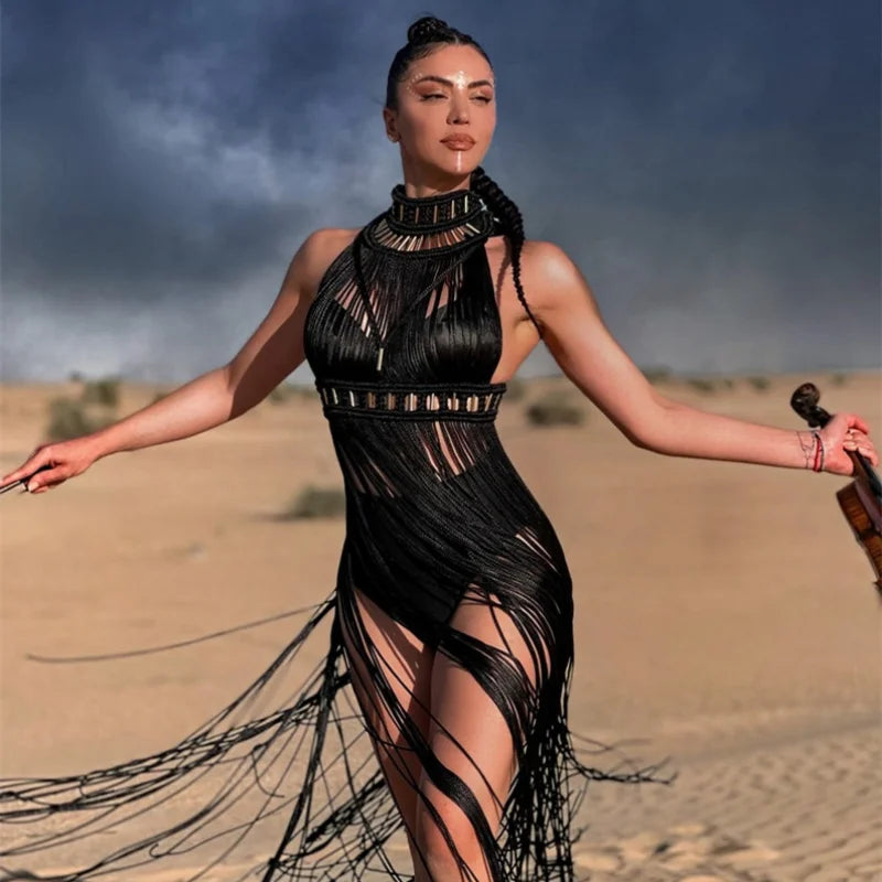 Bohemian Crochet Knitted Women Beach Cover Ups Vintage Tassel Halter Neck Long Maxi Dress Backless Vestidos Customizable Colors - Matrix Studios