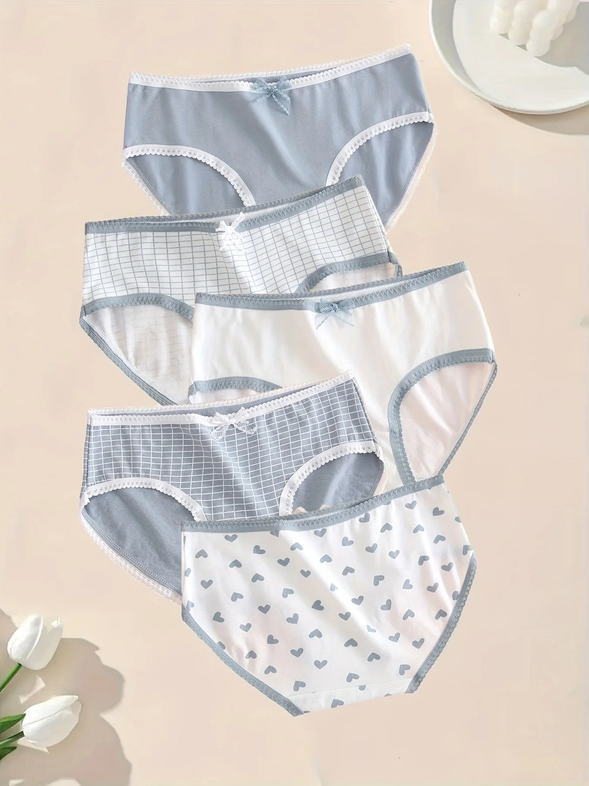 5pcs Women’s Soft Breathable Briefs Heart Plaid Print Panties Comfortable Intimates for Daily Wear - Matrix Studios