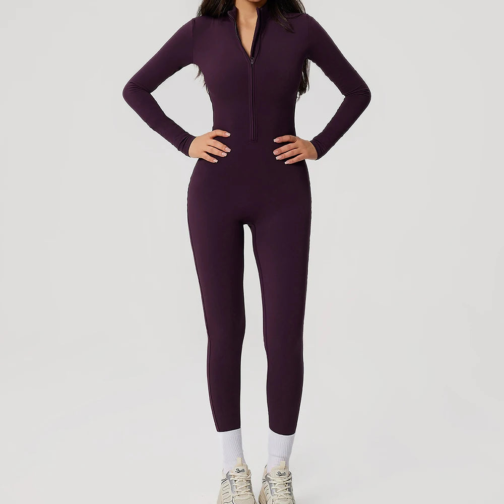 Yoga Boilersuit Long Sleeved Women's Sportswear Gym Zipper Jumpsuits Workout High-intensity Fitness One-piece Skin-tight Garment - Matrix-studios.com