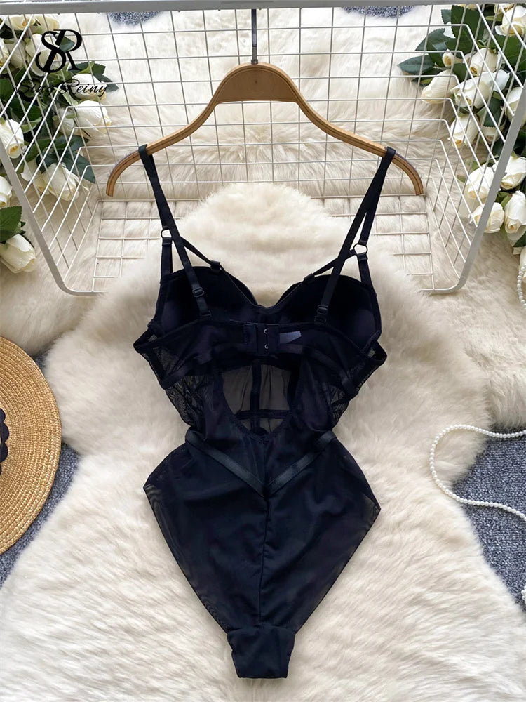 SINGREINY Women Corset Slim Sexy Bodysuits Sleeveless Gauze Short Playsuits Fashion Open Crotch Underwear Camis Solid Rompers - Matrix Studios