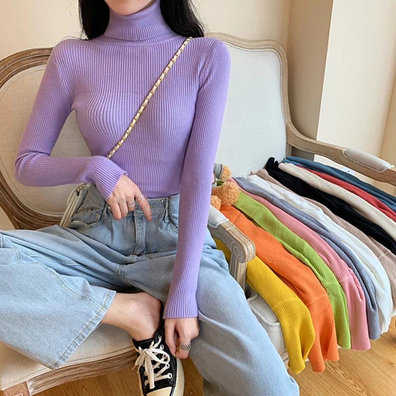 2026 Autumn Winter Women Long Sleeve Knitted Foldover Turtleneck Ribbed Pull Sweater Soft Warm Femme Jumper Pullover Clothes - Matrix Studios