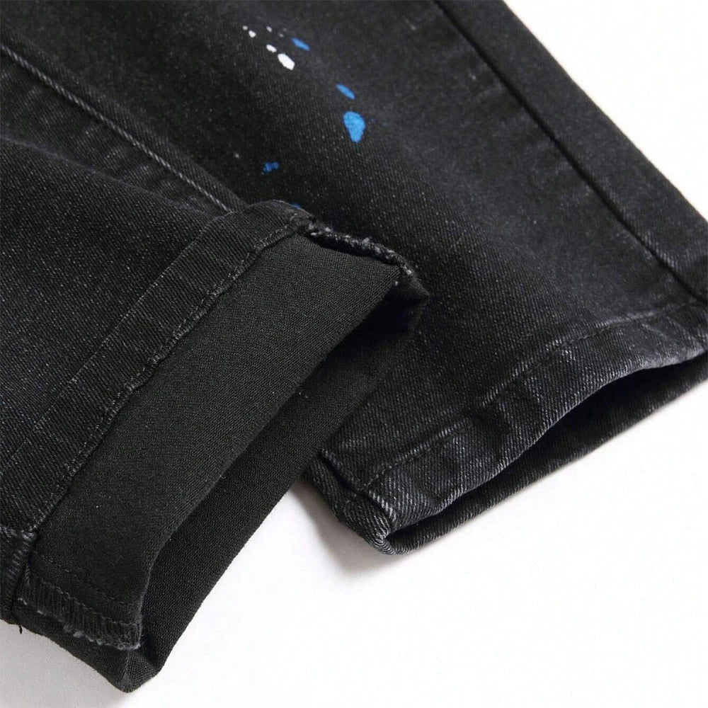 Men's Y2K Fashion Ripped Patchwork Hole Straight Black Jeans Slim Fit Stretchy Skinny Denim Pants Casual Hip Hop Brand Trousers - Matrix Studios