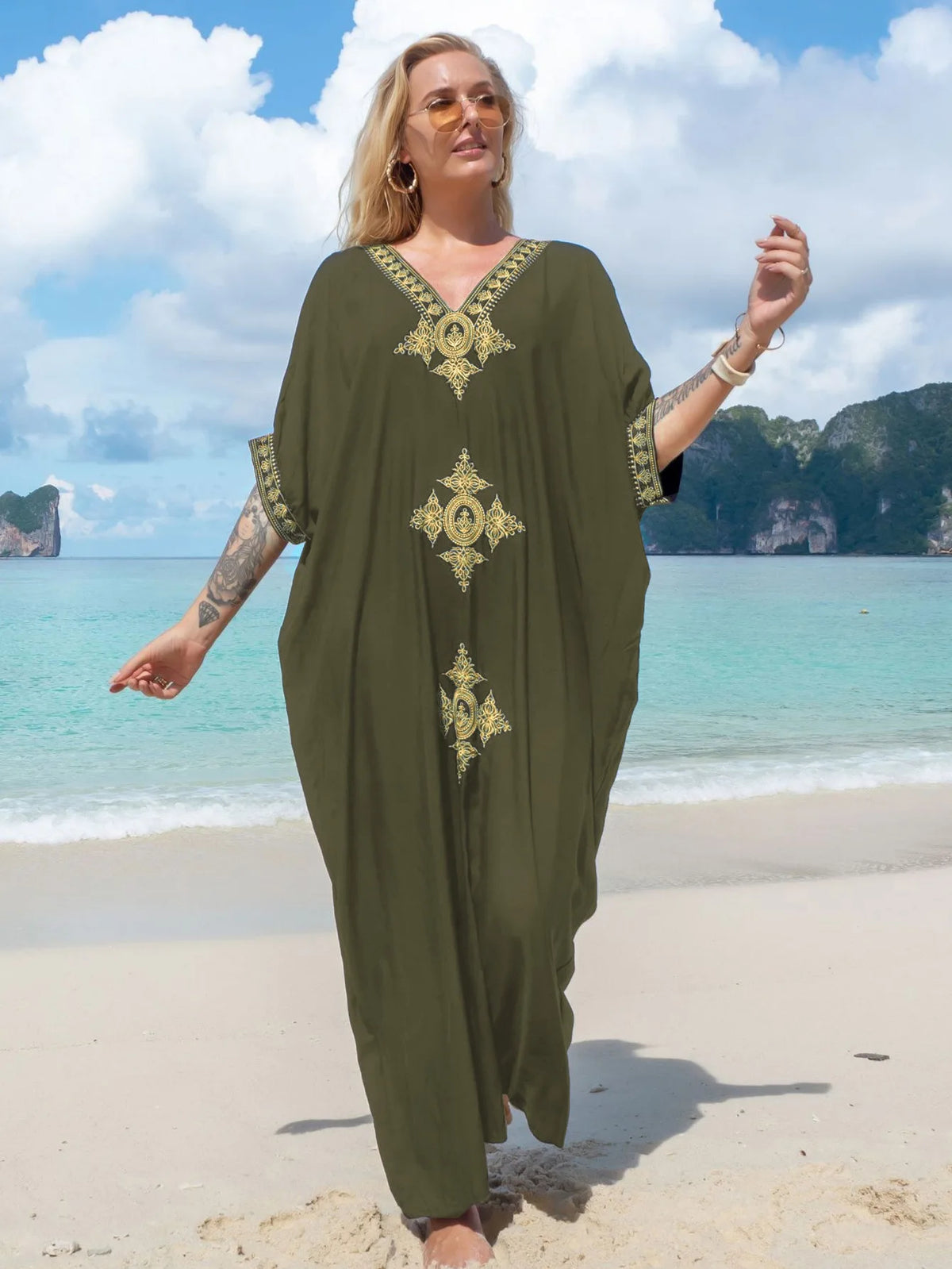 Women's Clothing Gold Embroidery Long Kaftan Dresses V Neck Caftan Dress Beach Cover Ups Tunic Maxi Dress - Matrix Studios