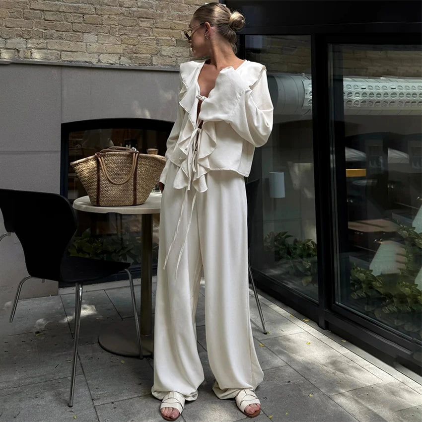Linad Casual Loose Apricot Outfits Fashion Ruffles Flare Sleeve Blouse With High Waist Pant 2 Piece Sets Summer Long Pants Suits - Matrix-studios.com
