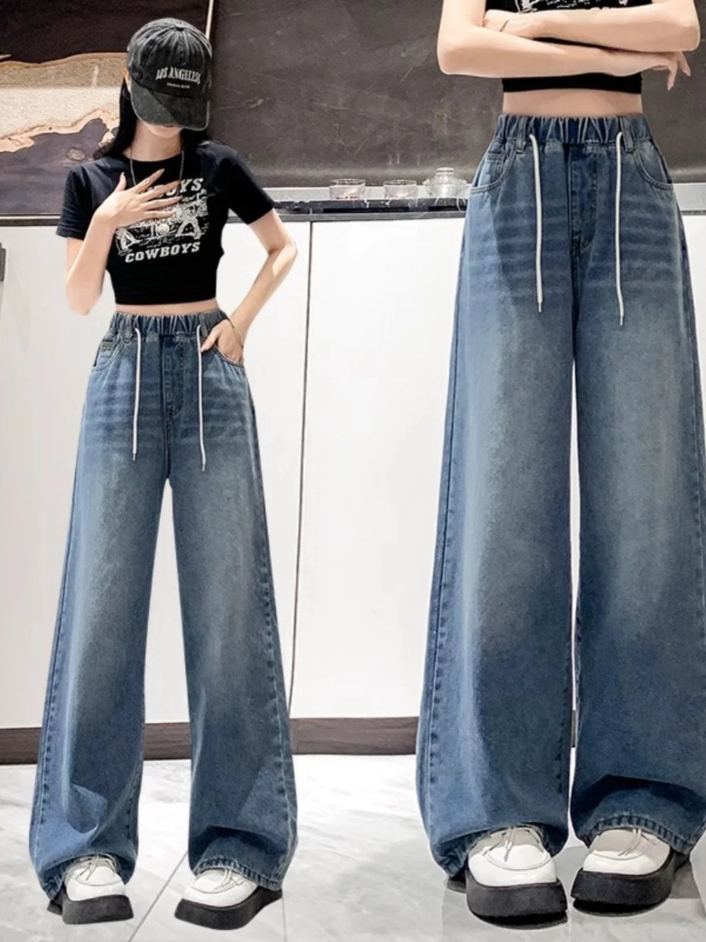 Loose Fit High Waist Wide Leg Jeans Women plus Size Light Blue Elastic Waist Dstring Trousers Autumn Faion plus Size - Matrix-studios.com
