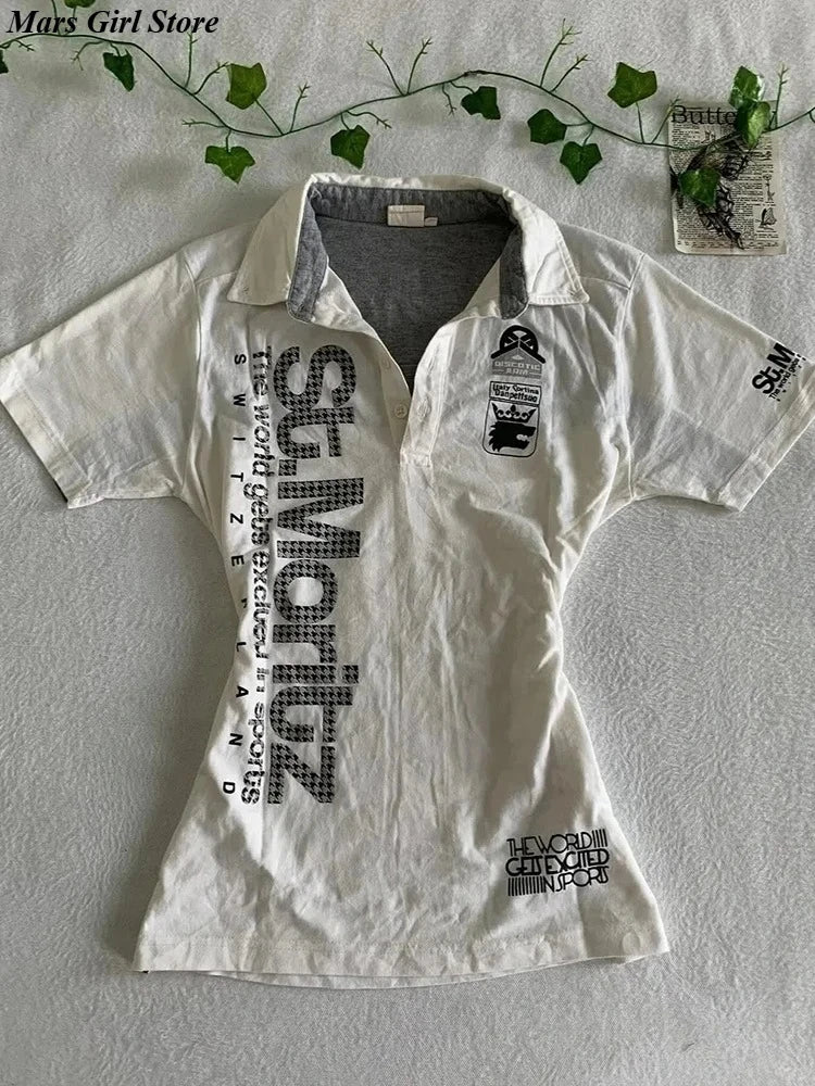 Y2K Japanese Streetwear Polo Shirt Women Slim Crop Tee 2025 White Short Sleeve Tops Letter Badge Houndstooth Vintage Harajuku - Matrix-studios.com