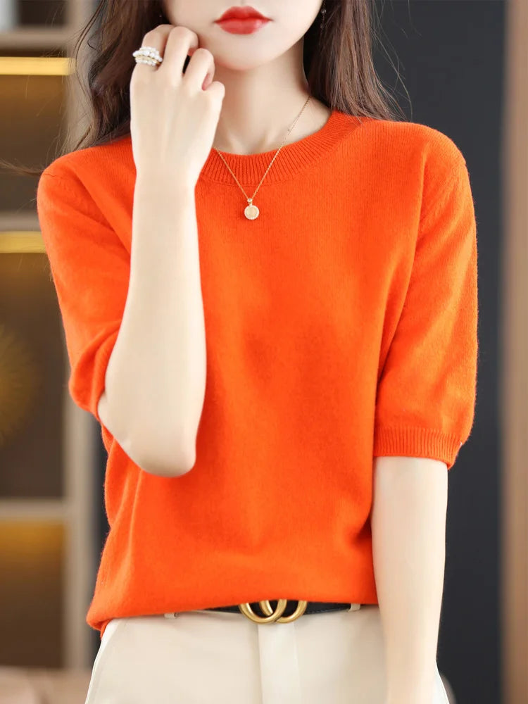 New Short-sleeved Knitwear Women O-neck T-shirt Wool Cotton Blend Pullover Vest Sprig Summer Bottoming Tops Sweater Solid Soft - Matrix Studios