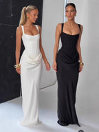 CHNMR Sexy Backless Ruched Maxi Dress for Women U-neck Sleeveless Bandage Bodycon Black Long Dresses Lady Evening Party Gown - Matrix-studios.com