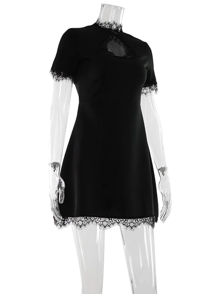 Ahagaga Sexy Women's Mini Dresses Patchwork Short Sleeves Lace Hollow Out Slim Fit Trend Baisc Turtleneck Streetwear Female Robe - Matrix-studios.com