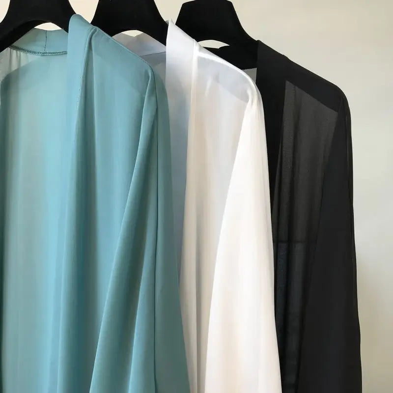 Beach Vacation Summer Women Long Cover-Ups Korean Fashion Casual New Loose Sunscreen Shawl Oversized Solid Chiffon Cardigan Tops - Matrix Studios
