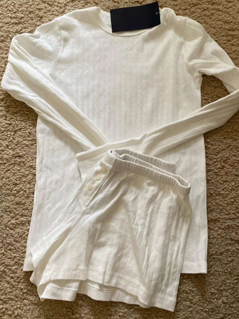 Eyelet Buttons White Long Sleeve T-shirt Shorts Set Woman Slim Tees+Elastic Straight Sweatshort Cotton Home Pajama 2 Piece Sets - Matrix-studios.com