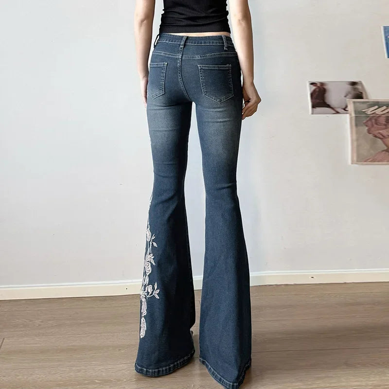 Retro Y2k Jeans Baggy Floral Embroidery Jeans Women Vintage 2000s Low Rise Flared Denim Pants High Street Basic Trousers - Matrix-studios.com