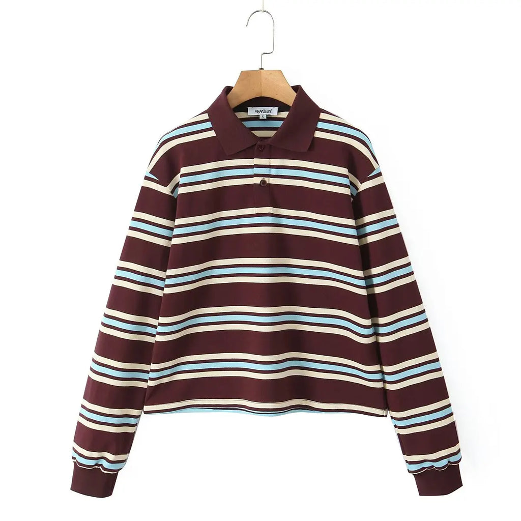 2025 Summer Ladies Polo Shirts Woman Long Sleeve Crop Top Striped Vintage Clothes Polo Shirts Mujer Streetwear Casual Tops Brown - Matrix-studios.com