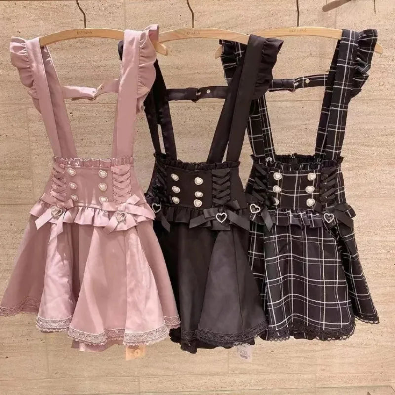 Japanese Gothic Lolita Ribbon Short Suspender plaid Skirt Girls Sweet Cute Lace A-Line Mini Skirts summer2026 black solid kawaii - Matrix-studios.com