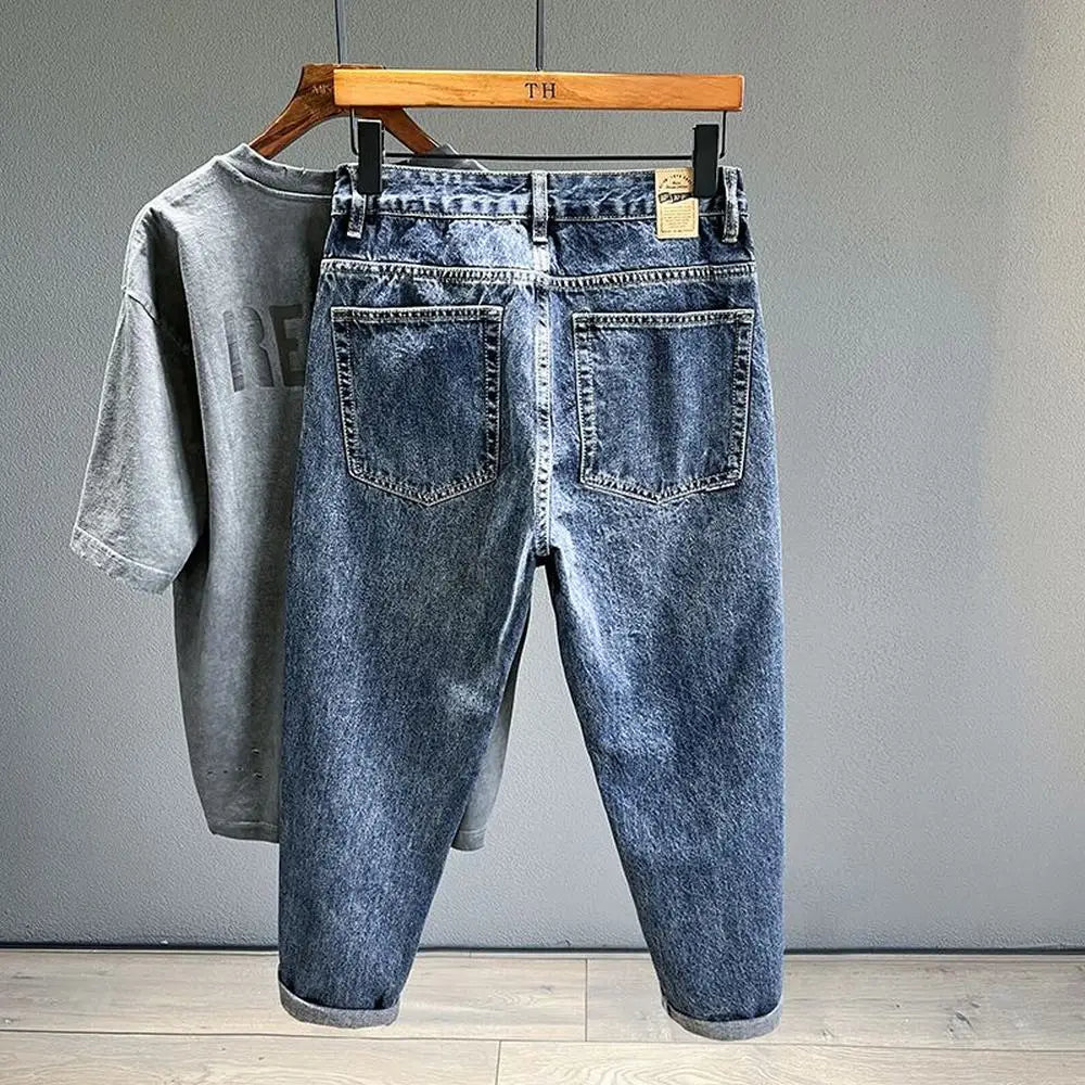 Korean Vintage Loose Tapered Men's Jeans Fashion High Street Drape Harem Pants Youth Hip Hop Streetwear Male Blue Denim Trousers - Matrix Studios