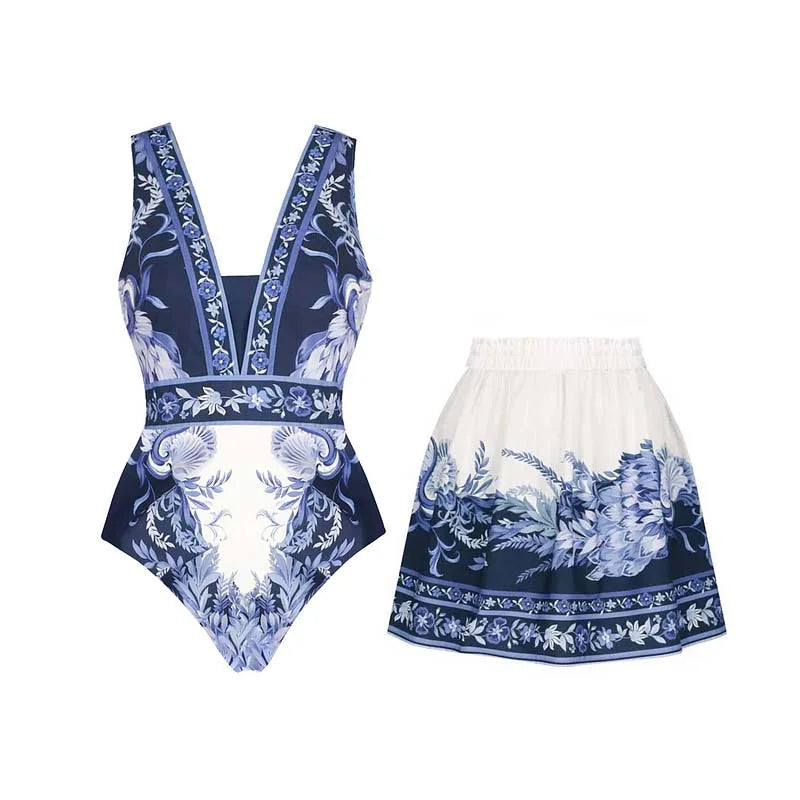 Fashion Women's Clothing One Piece Navy Print Swimsuit Bikini Set Beach Skirt Polyester Bodysuit Swimwear Style Wear Maxi Dress - Matrix Studios