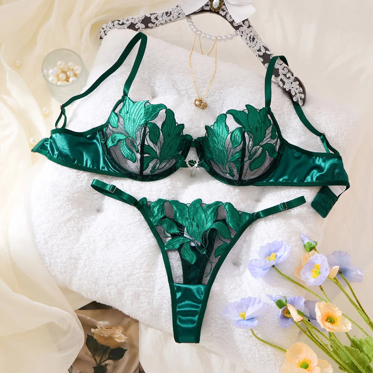 Exclusive Green embroidery Lingerie Set for Dates. Sexy See-Through Chiffon Bra. High-End Sensual Women's Underwear ZA824031 - Matrix Studios