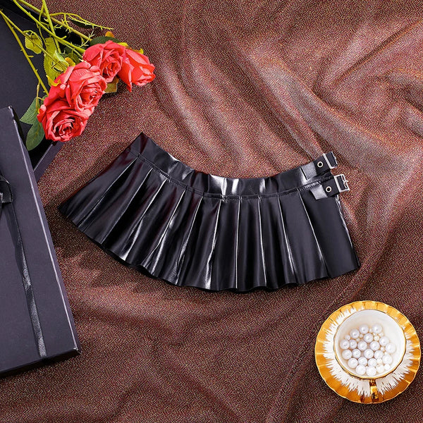 Sexy PU Leather Pleated Skirt Women Solid Basic Mini Skirt Low Waist Skirt Female Nightwear Micro Bikini Skirts Nightclub Skirts - Matrix-studios.com