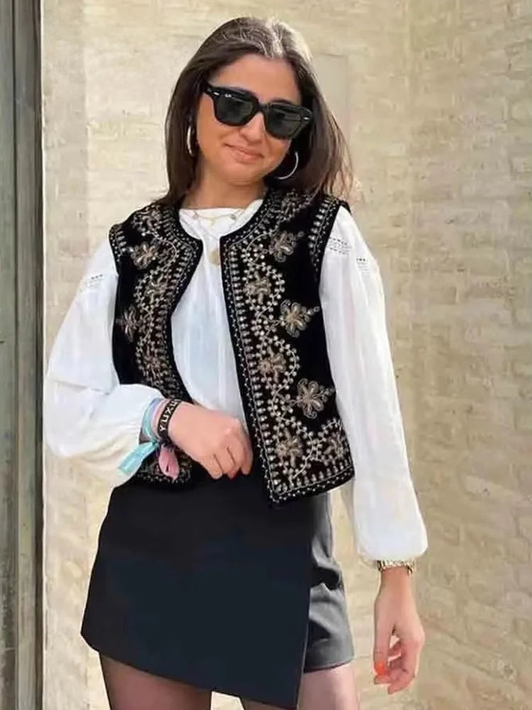 Vintage Autumn Velvet Embroidered Vest Sleeveless Jacket Women V Neck Chic Waistcoats Female Fashion Vests Coat 2023 - Matrix Studios