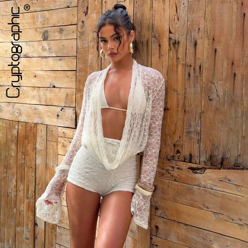 Cryptographic Fashion Halter Draped 3 Piece Sets Beach Outfits Hollow Out Lace Up Bikini Shorts Long Sleeve Co-ords Sets Suits - Matrix-studios.com