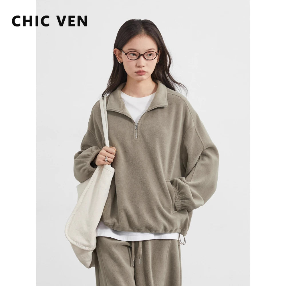 CHIC VEN Women Sweatsuit Loose Casual New Granular Velvet Stand Collar Female Top Pants Set for Woman Sport Autumn Winter 2025 - Matrix-studios.com