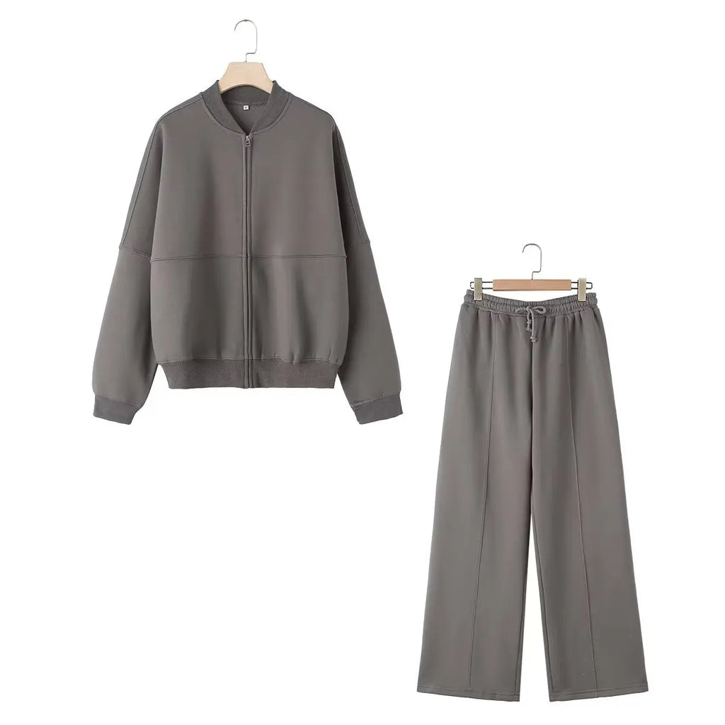 HH Women's Fall 2-Piece Retro Solid Color Zip Bomber Jacket Sweatshirt+High Waist Lace Up Women's Wide Leg Pants Street Wear - Matrix-studios.com