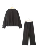 HH Women's Fall 2-Piece Retro Solid Color Zip Bomber Jacket Sweatshirt+High Waist Lace Up Women's Wide Leg Pants Street Wear - Matrix-studios.com