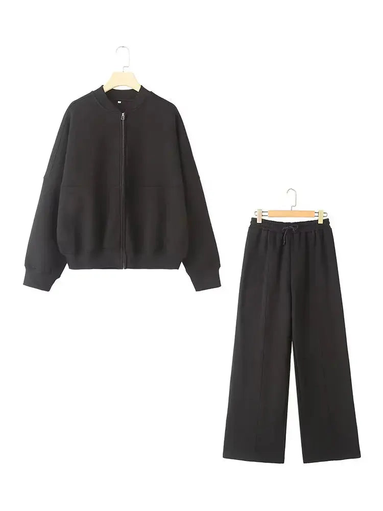 HH Women's Fall 2-Piece Retro Solid Color Zip Bomber Jacket Sweatshirt+High Waist Lace Up Women's Wide Leg Pants Street Wear - Matrix-studios.com
