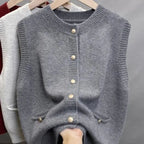 Knitted Sweater Vest Women Gold Buckle O-Neck Sleeveless Chic Red Knit Pullovers Soft Elegant Sweater Fall Winter Vests Clothing - Matrix Studios