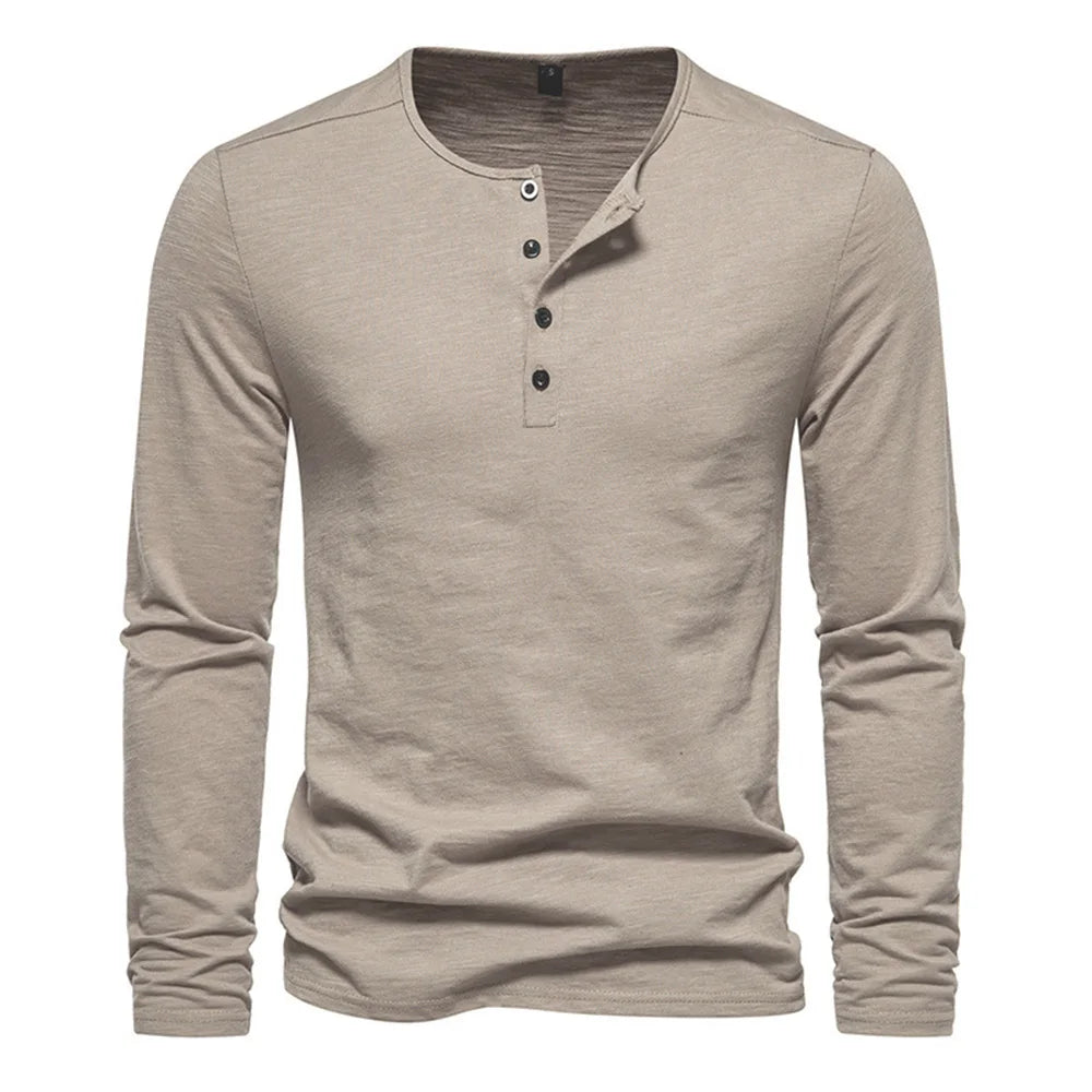 Men Long Sleeved T-shirt Cotton Slim Fit Bottoming Shirt Fitness Tops Tees Button Neck Casual Cozy Tshirt - Matrix Studios