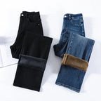 Winter Thickened Women's Mink Velvet Jeans Loose Straight Warm Soft Fleece Fashion Elastic High Waist Female Pants Black Blue - Matrix-studios.com