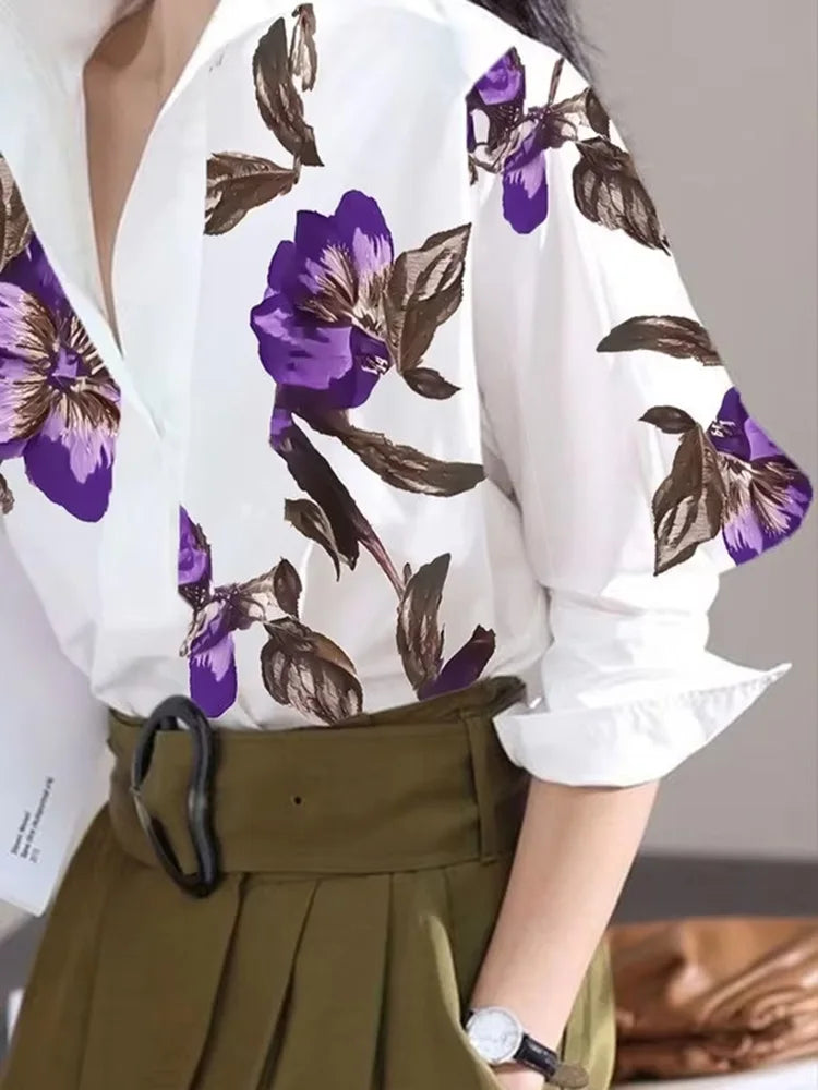 Modigirl 2025 Summer Spring Casual White Shirts for Women Long Sleeves Urban Elegant Stand Collar Woman Flower Print Blouse Tops - Matrix-studios.com
