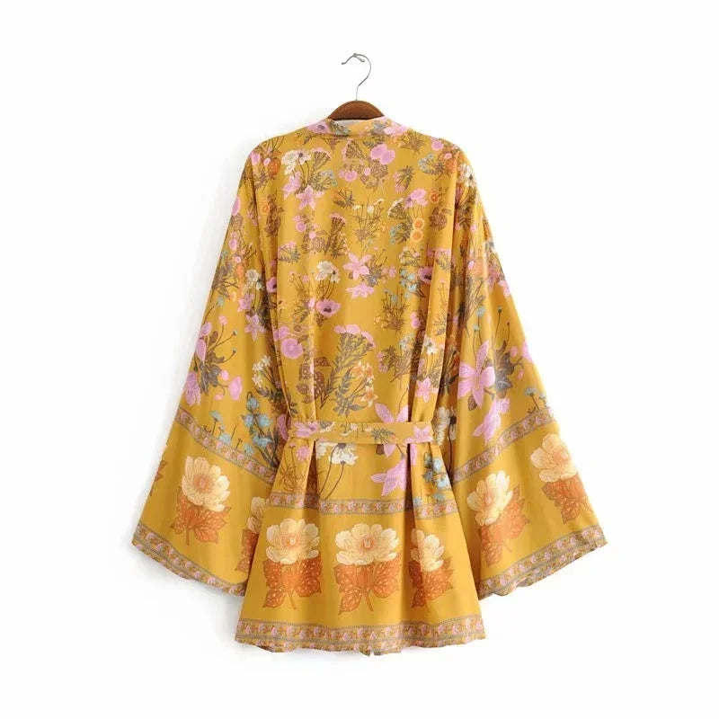 Happie Queens Women Floral Print Sashes Bat Sleeve Beach Bohemian Kimono Dresses Ladies V Neck  Summer Bikini Boho Cover-ups - Matrix Studios