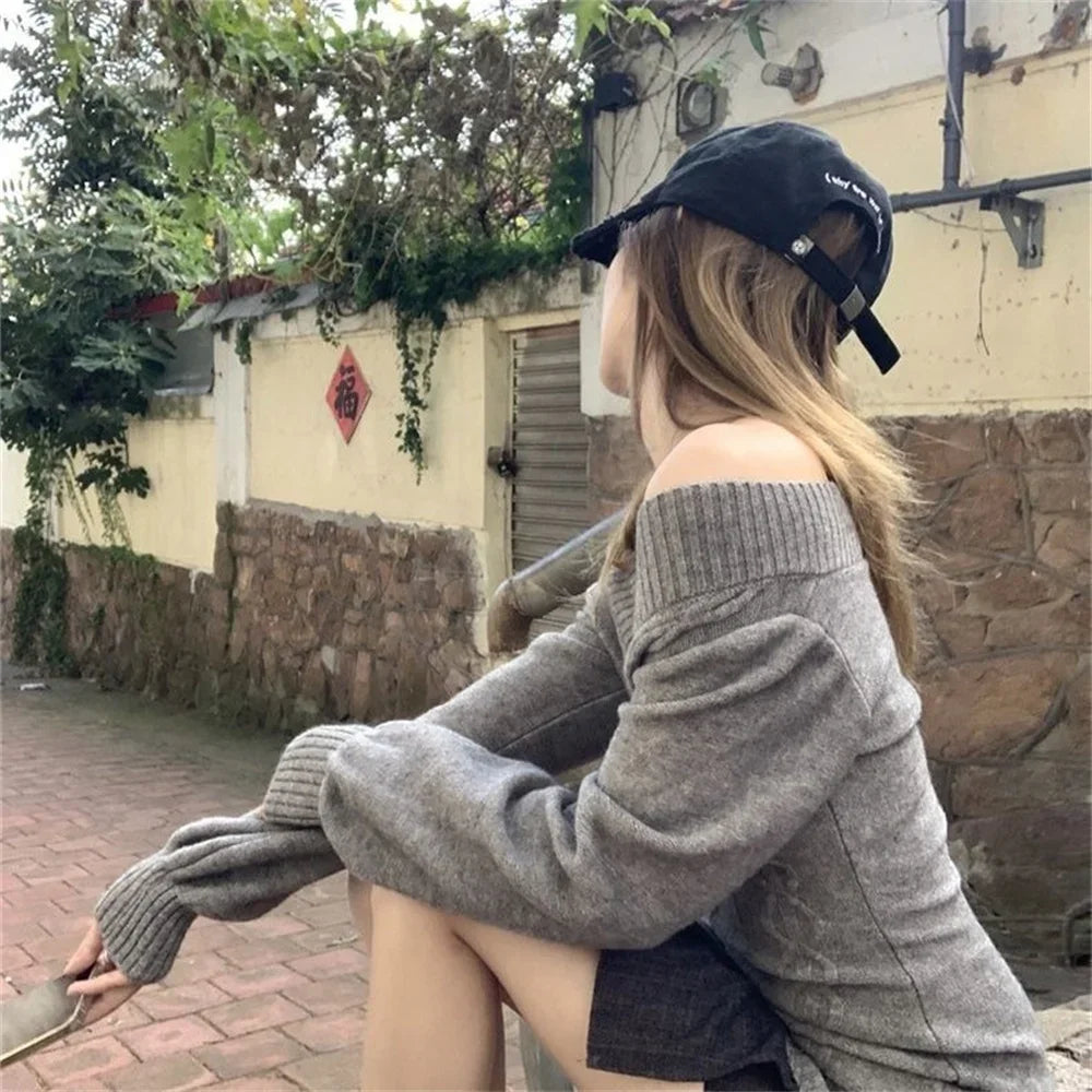 Fashion Vintage V-neck Knitted Tops Women 2025 Early Autumn New Sweaters Pullover Slim Long Sleeve Pullovers Sexy Gray Jumpers - Matrix Studios