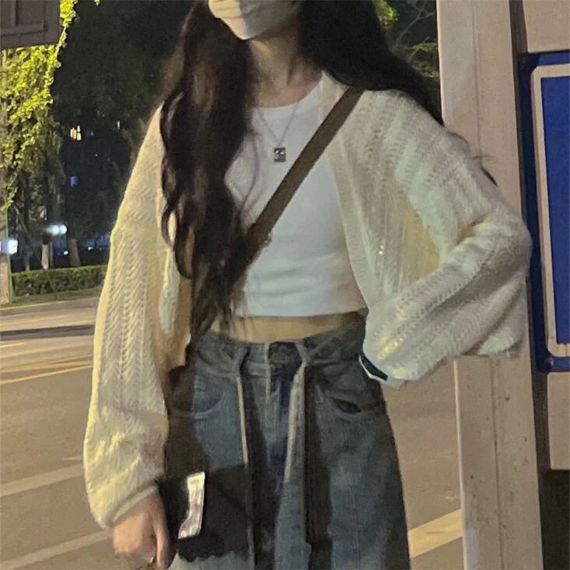 Autumn New Y2K Shrug Long Sleeve Cardigan for Women Korean Fashion Hollow Out Knitted Coat Harajuku Loose Lightweight Shawl Tops - Matrix Studios