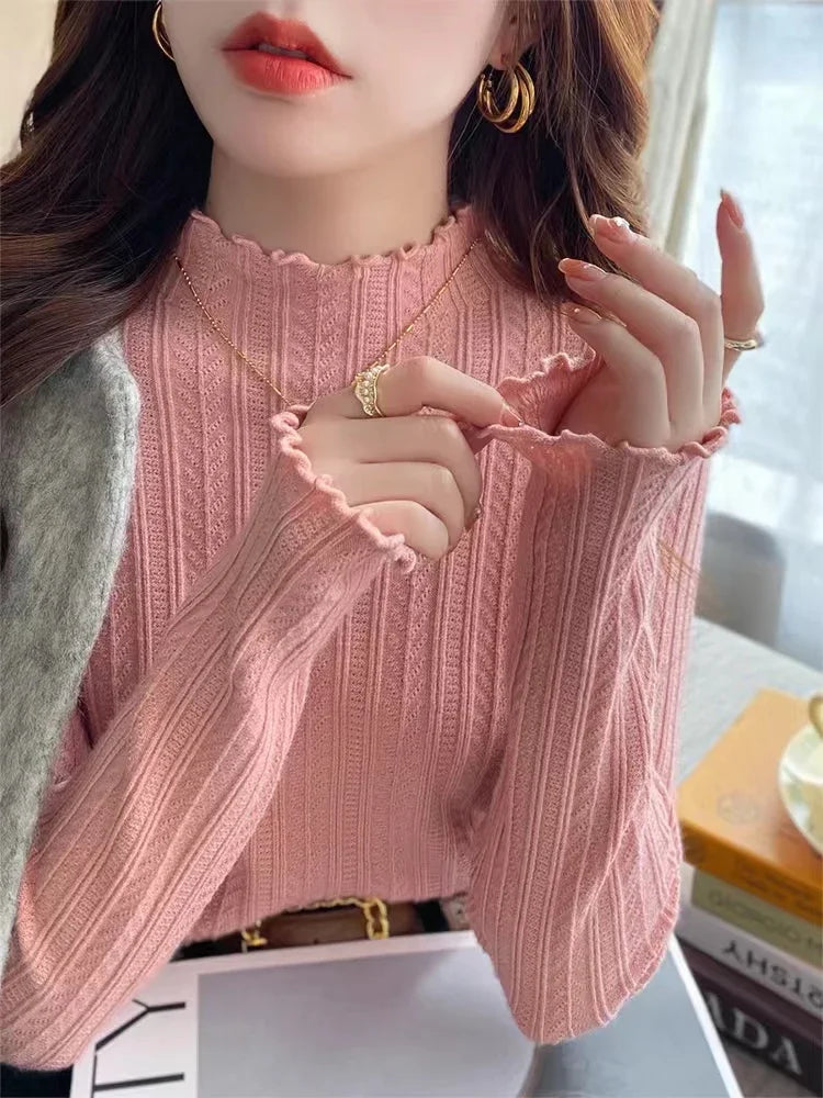 New Women's Autumn and Winter Solid Color Ruffled Semi-turtleneck Long-sleeved Knitted Sweater Casual Women's Knitted Pullovers - Matrix Studios