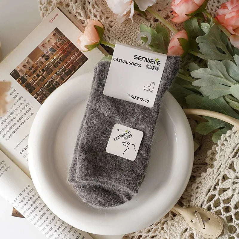 Wool Socks for Women Autumn Winter Medium Tube Socks Thickened with Wool Warm Rabbit Hair Socks Winter Black Cashmere Stockings - Matrix Studios